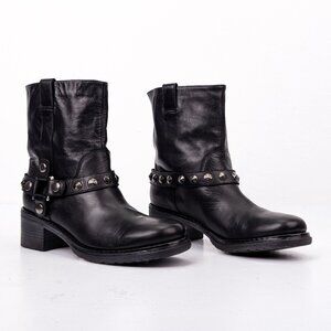 Janet Sport Women Guid Black Leather Studded Harness Ankle Boots sz 7US EUR 37